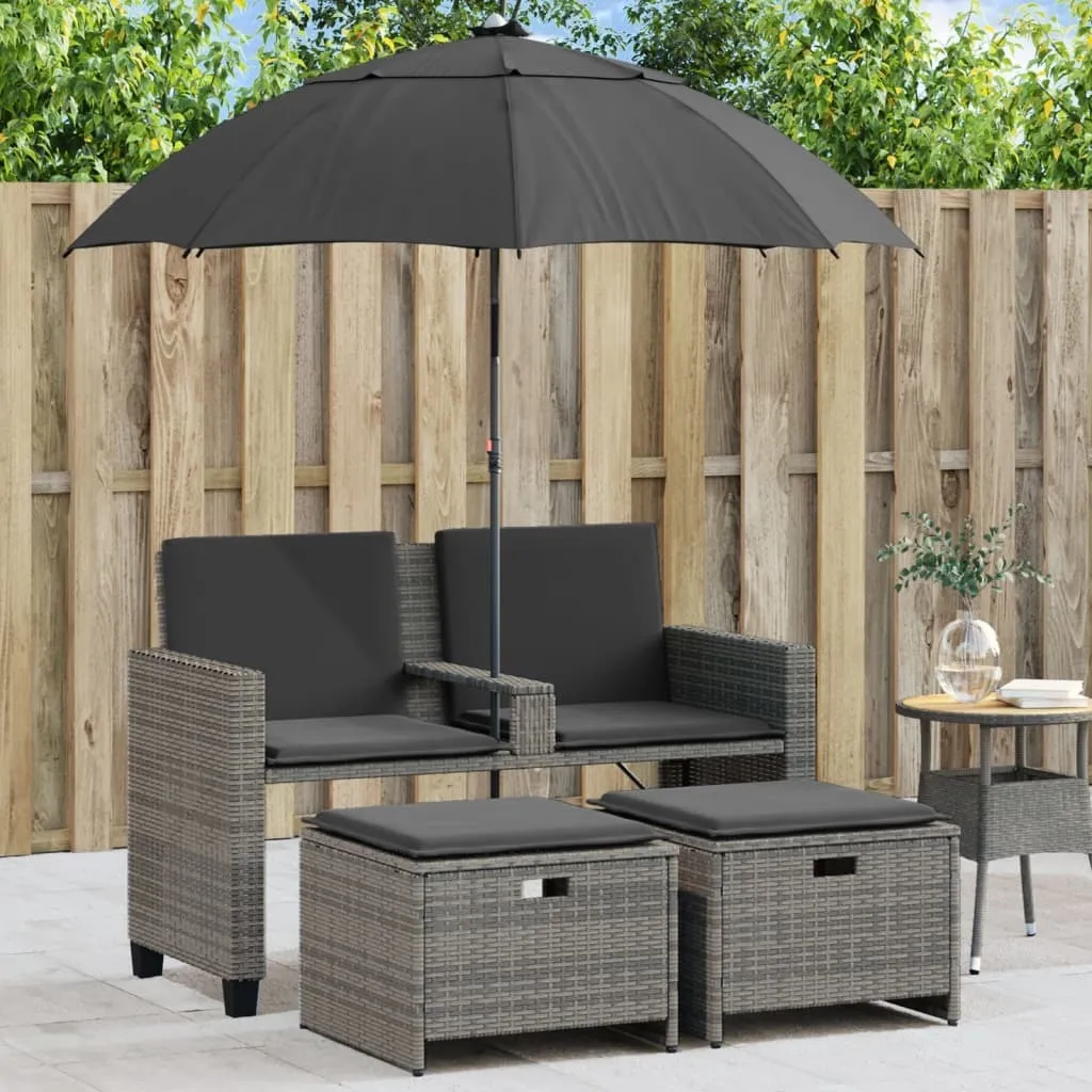 Canapé de jardin modulable en poly rotin gris avec pouf et parasol réglable