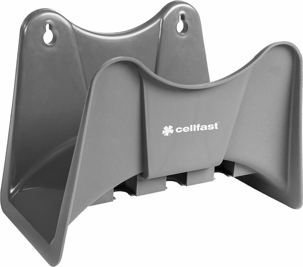 A gray hose holder mounted on a white background.