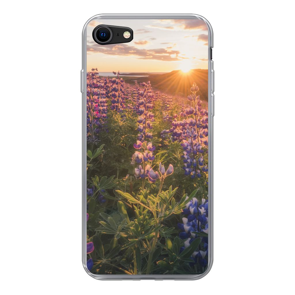 MuchoWow Handyhülle Schutzhülle Hülle für iPhone SE 2020 Lupine - Sonne - Lila Silikon Softcase Handy Hülle - Kartenbesitzer