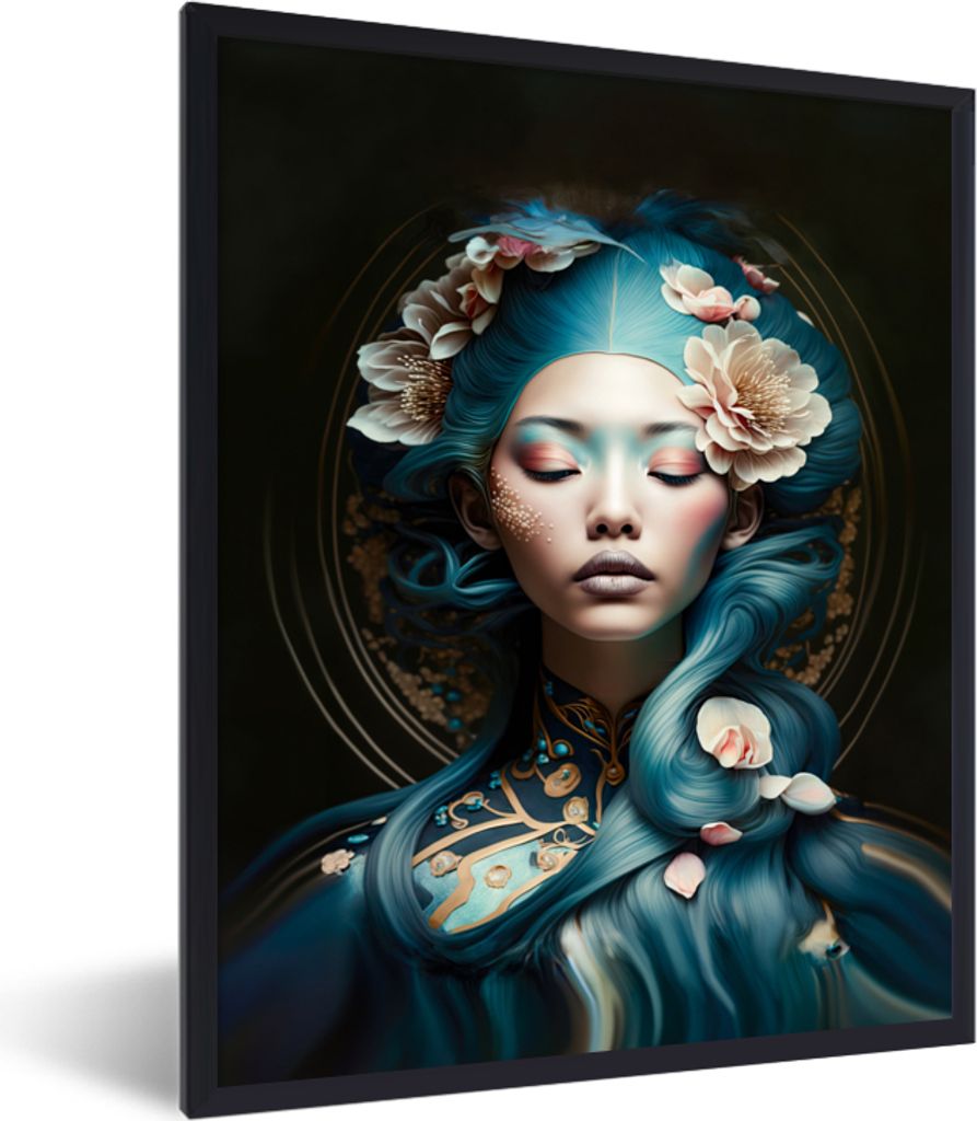 MuchoWow Gerahmtes Poster Frauen - Blumen - Porträt - Asiatisch 30x40 cm - Poster mit Schwarzem Bilderrahmen Wandposter Rahmen Foto Bilder - Wan...