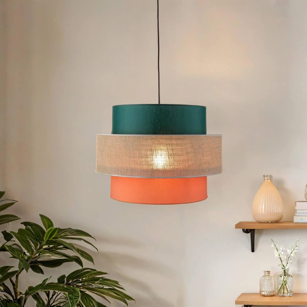Hängeleuchte Stoff Metall E27 D: 50 cm H: max. 160 cm Schwarz Natur Orange Grün rund Modern Hängelampe