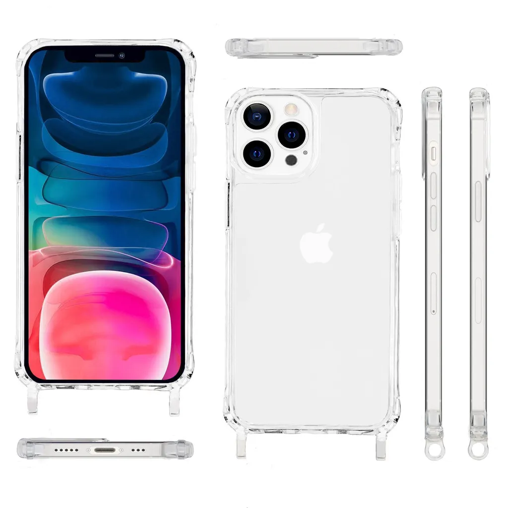 NALIA Clear Hybrid Case con catena per iPhone 13 Pro Max, trasparente antigiallo robusta custodia rigida con angoli rinforzati e telaio in silicone, custodia protettiva antiurto e cavo del telefono cellulare rosa - 7
