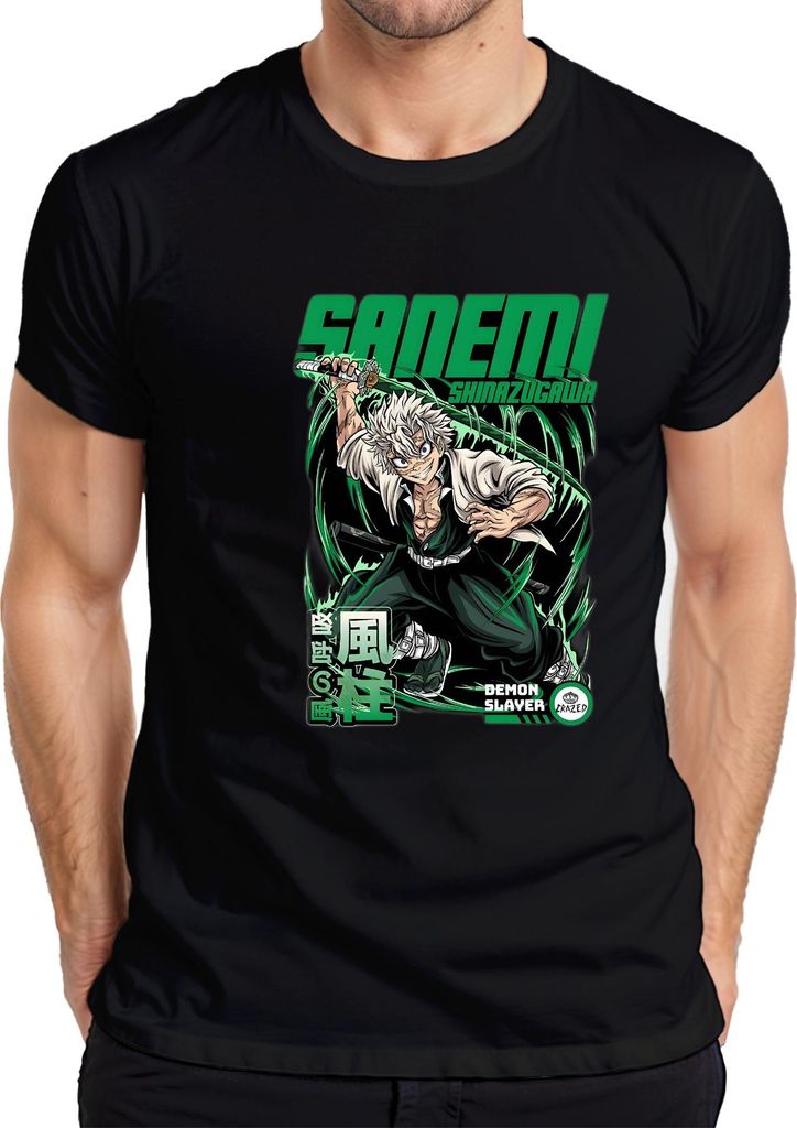 Sanemi Shinazugawa Demon Slayer Wind Hashira weißes Haar Schwert Herren T-Shirt, Schwarz, S