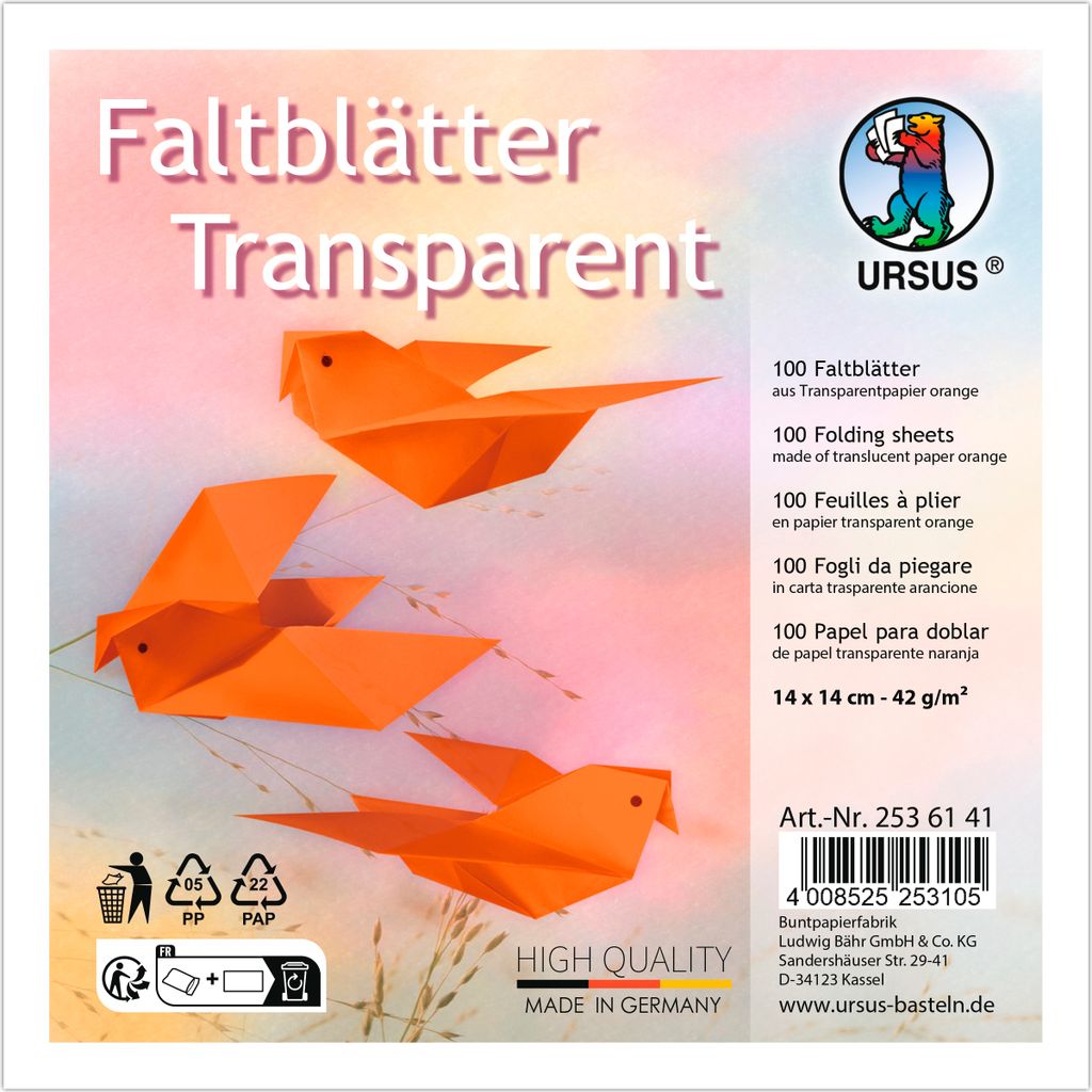 URSUS Transparentpapier Faltblätter 14x14 cm 42 g/qm Bastelpapier Origami Orange