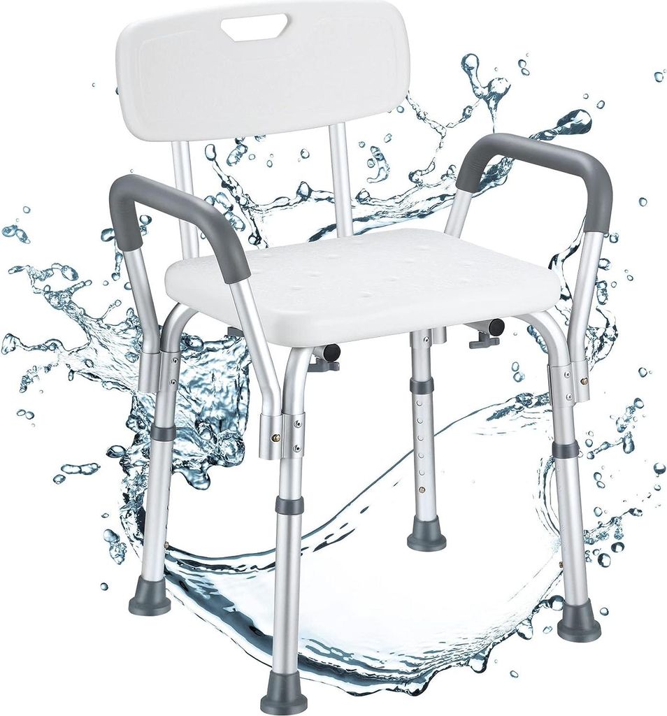 Duschstuhl Höhenverstellbar 38–45cm – Senioren, Schwangere, Mit Rückenlehne & Armstützen, 150kg