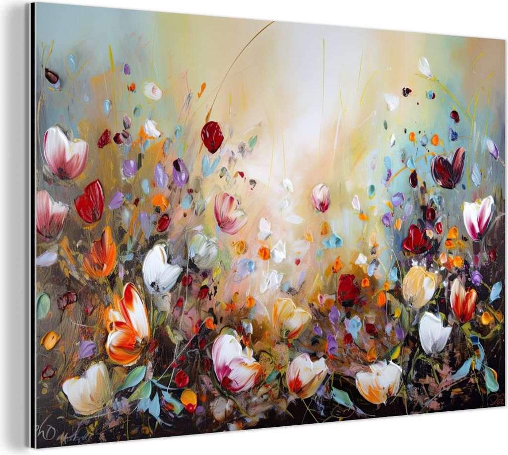 MuchoWow Wanddekoration Metall Metallbild Wandkunst 120x80 cm Ölfarben - Blumen - Farbenfroh - Natur MuchoWow Aluminium Gemälde - Alu Bild