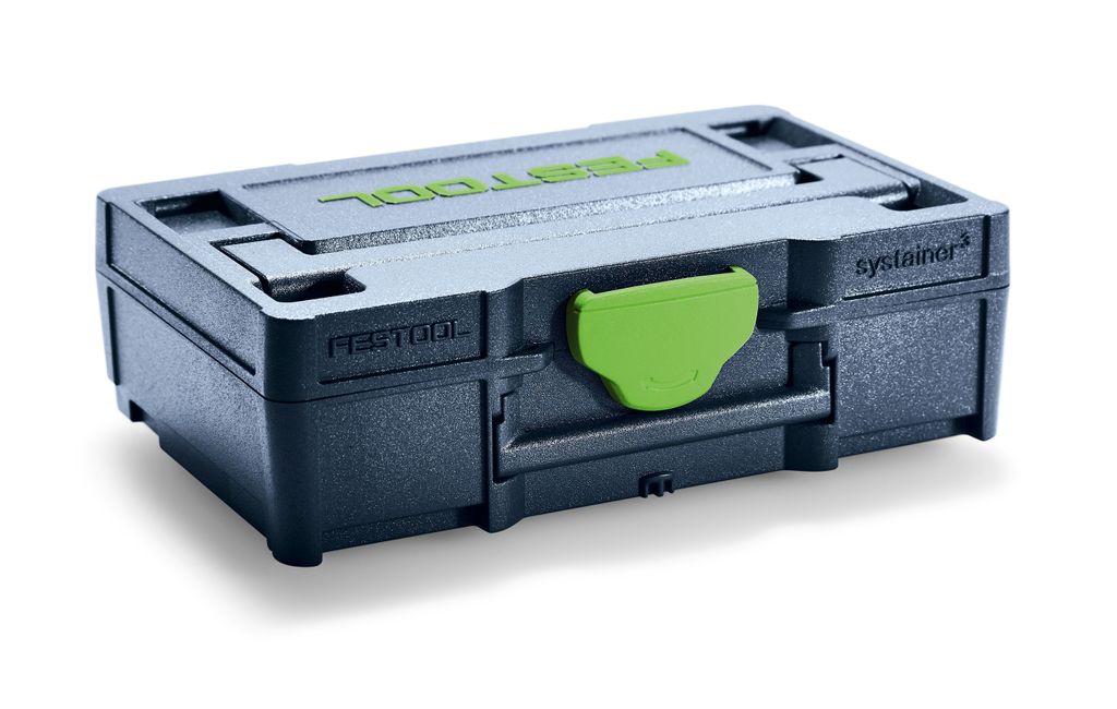 A black and gray Festool Systainer³ storage box with a green latch is shown against a white background.