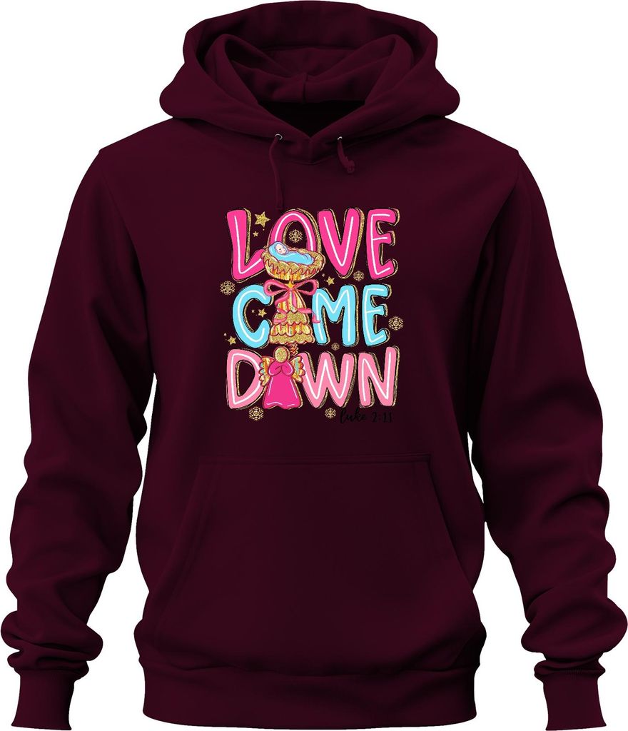 Love Come Down Jesus Krippe Engel Weihnachten Glitzer Pastell Uni Hoodie Kapuzenpullover, Burgundy, 3XL