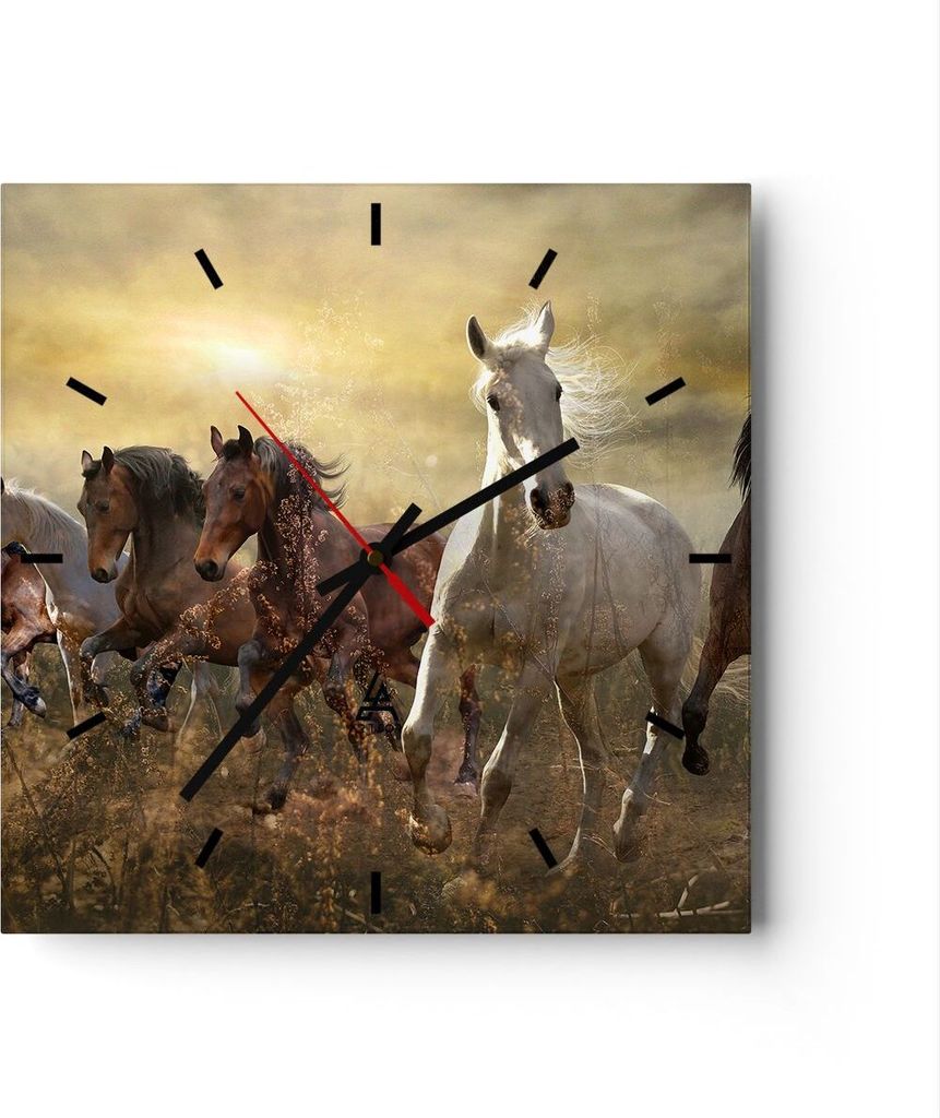 Wanduhr - Quadrat - Glasuhr - Pferd Tier Natur - 30x30cm - Schleichendes Uhrwerk - Lautlos - zum Aufhängen bereit - Dekoration Modern - Wanddekora...