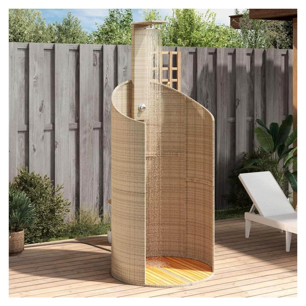 Gartendusche aus Poly Rattan mit Akazienholz-Boden 100x100 cm freistehend für Garten, Pool, Terrasse, Camping, Outdoor-Dusche mit verstellbarer Br...
