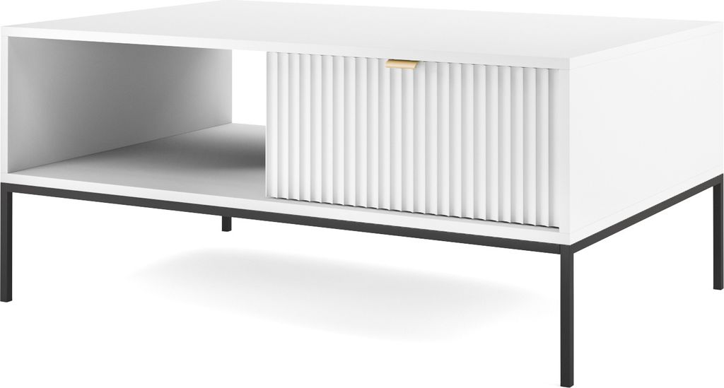 DomoHome Eleganter Couchtisch Nova – mit Goldakzent, Moderne Schublade aus MDF und Schwarzfarbene Metallbeinen, Minimalistisches Design, Farbe: W...