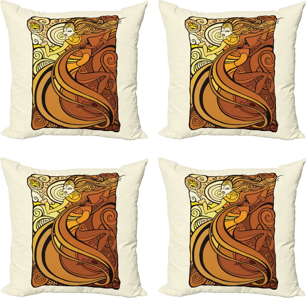 ABAKUHAUS Tarock Kissenbezug Set (4 Stück), Frau mit Sun, Moderner Doppelseitiger Digitaldruck, 40 cm x 40 cm, Zimt Ingwer Yellow