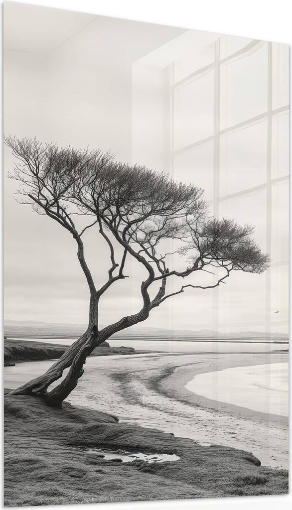 Glasbild 40x60cm in XXL für Wohnzimmer, Schlafzimmer Motiv Einsamer Baum am Meer