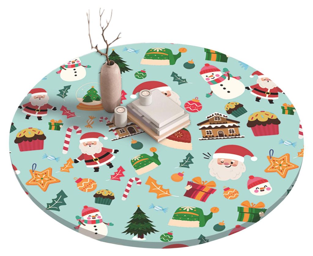 Runde Weihnachtstischdecke mit Schneeflockenmuster, elastischem Rand und wasserabweisender Oberfläche, ideal für runde Tische, zum Essen im Freie...