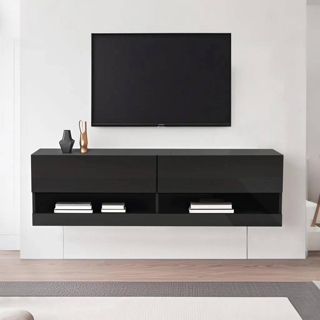 Meuble TV suspendu noir anti-encombrement avec LED pour ambiance cinéma