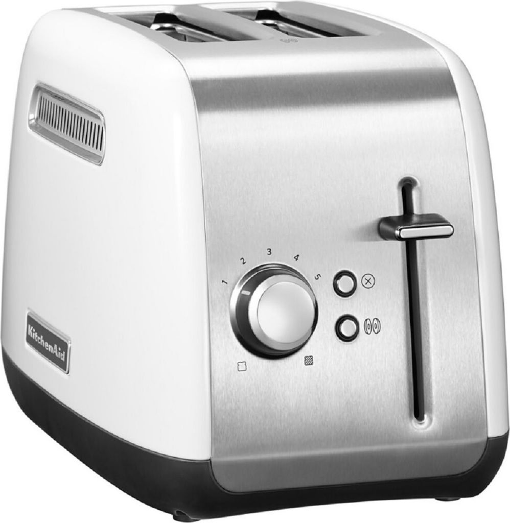 A white and silver KitchenAid toaster is shown from a diagonal front-left angle against a white background.