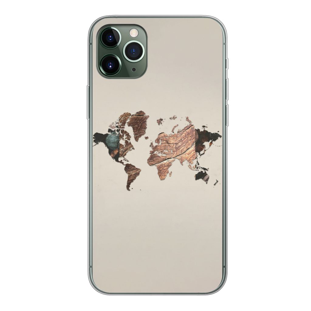 MuchoWow Handyhülle Schutzhülle Hülle für iPhone 11 Pro Max Weltkarte - Holz - Braun Silikon Softcase Handy Hülle - Schutz