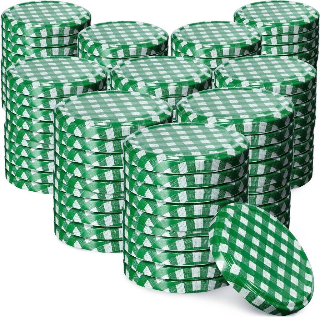 KADAX Einmach-Deckel Set aus Metall "Virbo", mit 6 Einrastzähnen, Grün kariert, 82 mm, 100 Stück