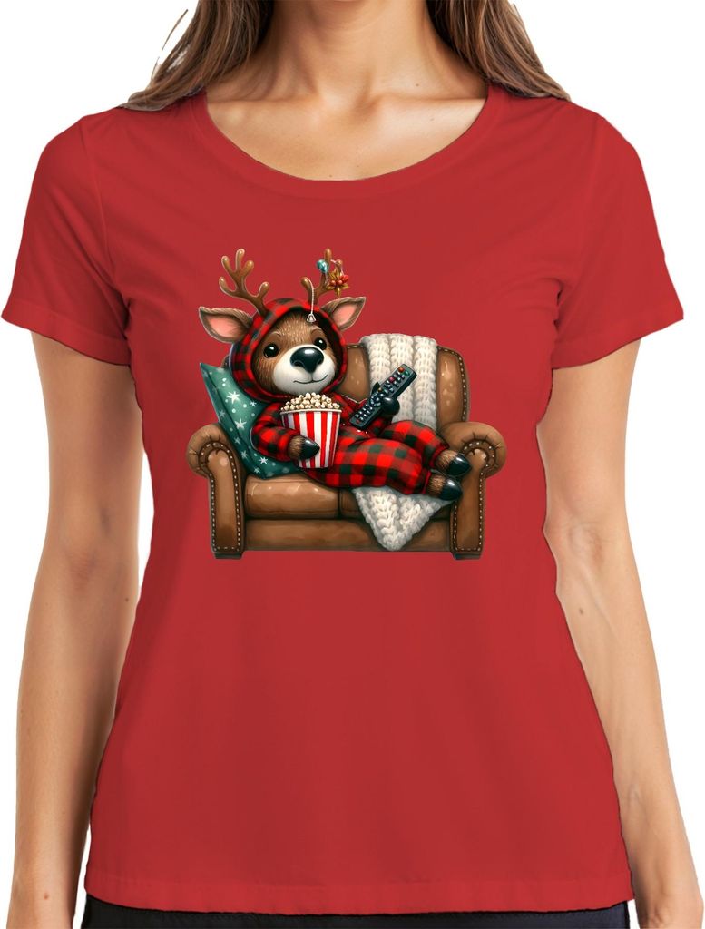 Weihnachtsrentier Kuschelig Popcorn Sofa Filmabend Geschenk Damen T-Shirt, Rot, S
