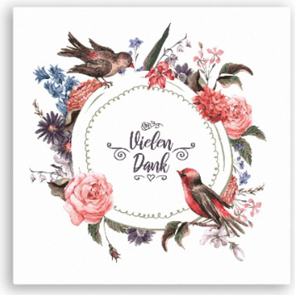 Dankeskarte Blumenkranz, Danke Karte Vogel mit Blumenkranz Motiv, Quadratische Dankeschön Karte mit Kraftpapier Umschlag
