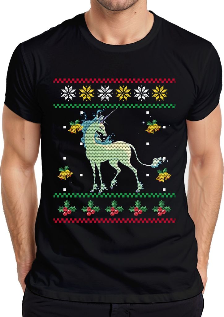 Das letzte Einhorn - Ugly Christmas Sweater Weihnachten Weihnachtsgeschenk Herren T-Shirt, Schwarz, S