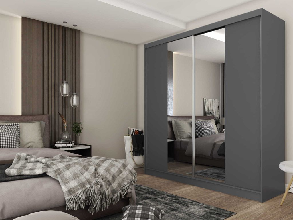 AGMAT Schwebetürenschrank Lyon, Kleiderschrank mit 2 Türen, Moderne Garderobe in Farbe: Graphit, Schrank in Größe: 200 x 216 x 61 cm