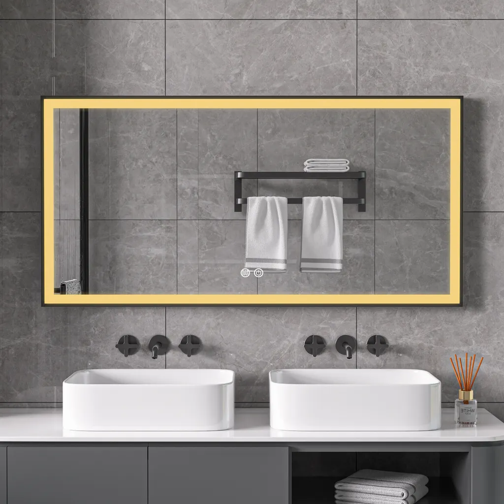 Miroir lumineux rectangulaire LED noir de 125 cm pour salle de bain
