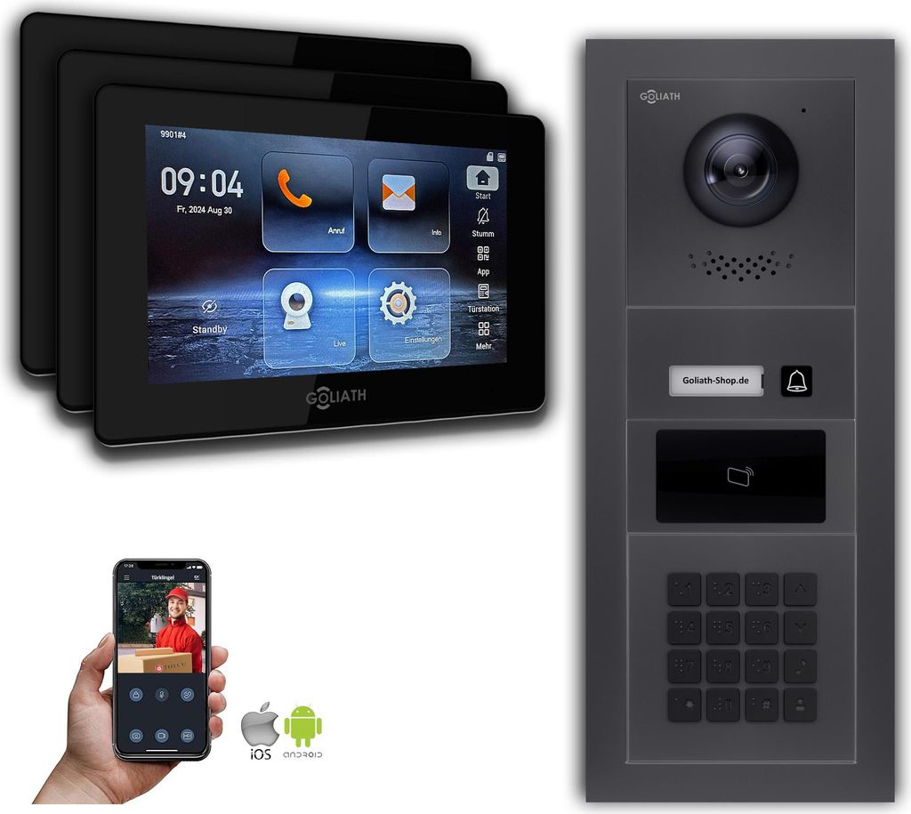 Goliath IP Video Türsprechanlage mit Kamera 7-Zoll Zahlencode RFID Anthrazit : Aufputzdose : 7 Zoll in Schwarz : 3 Monitore Anzahl: 3 Monitore Far...