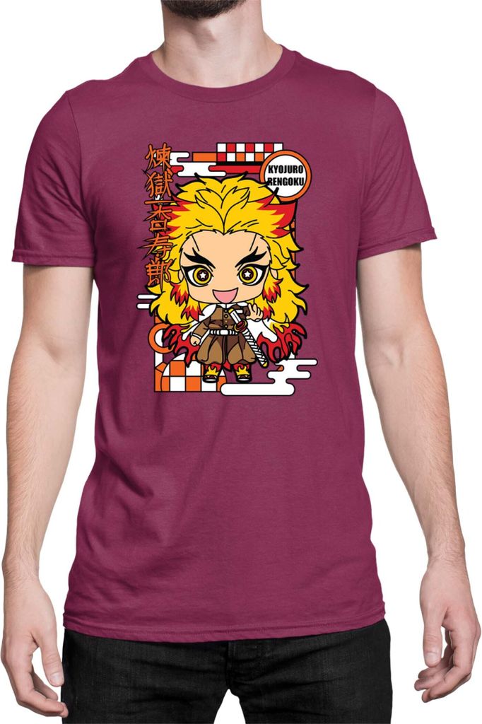Herren T-Shirt Demon Anime Slayer Kimetsu No Yaiba Chibi Kyojuro Rengoku, Man XL / Burgundy