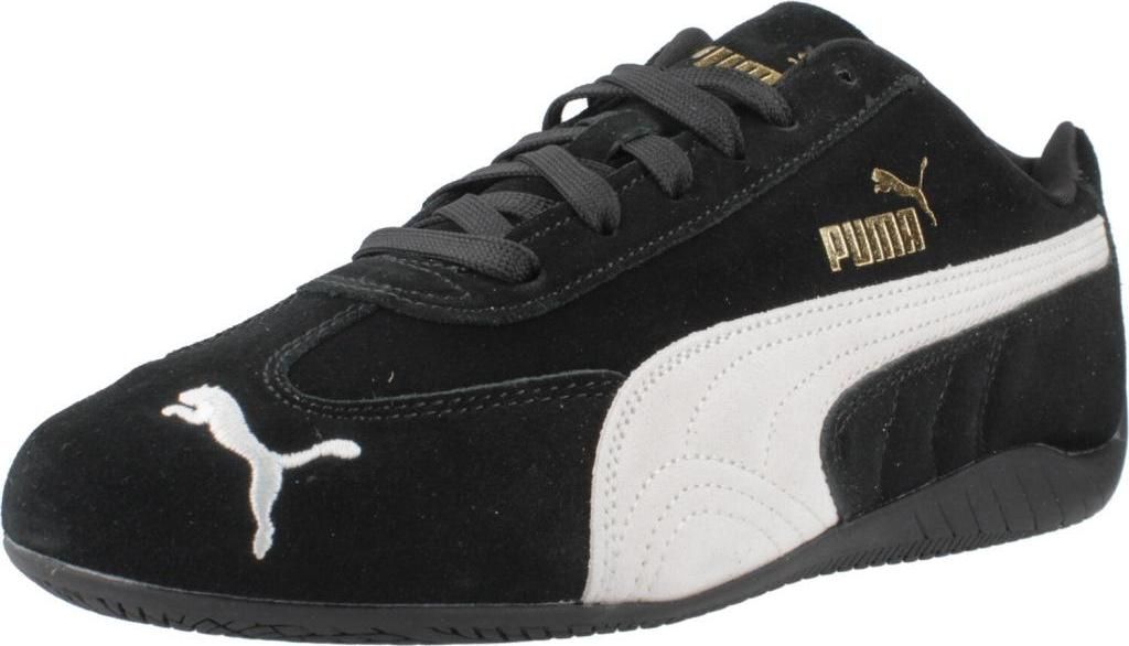 A black Puma Speedcat OG Wildleder-Sneaker with white accents and gold branding.
