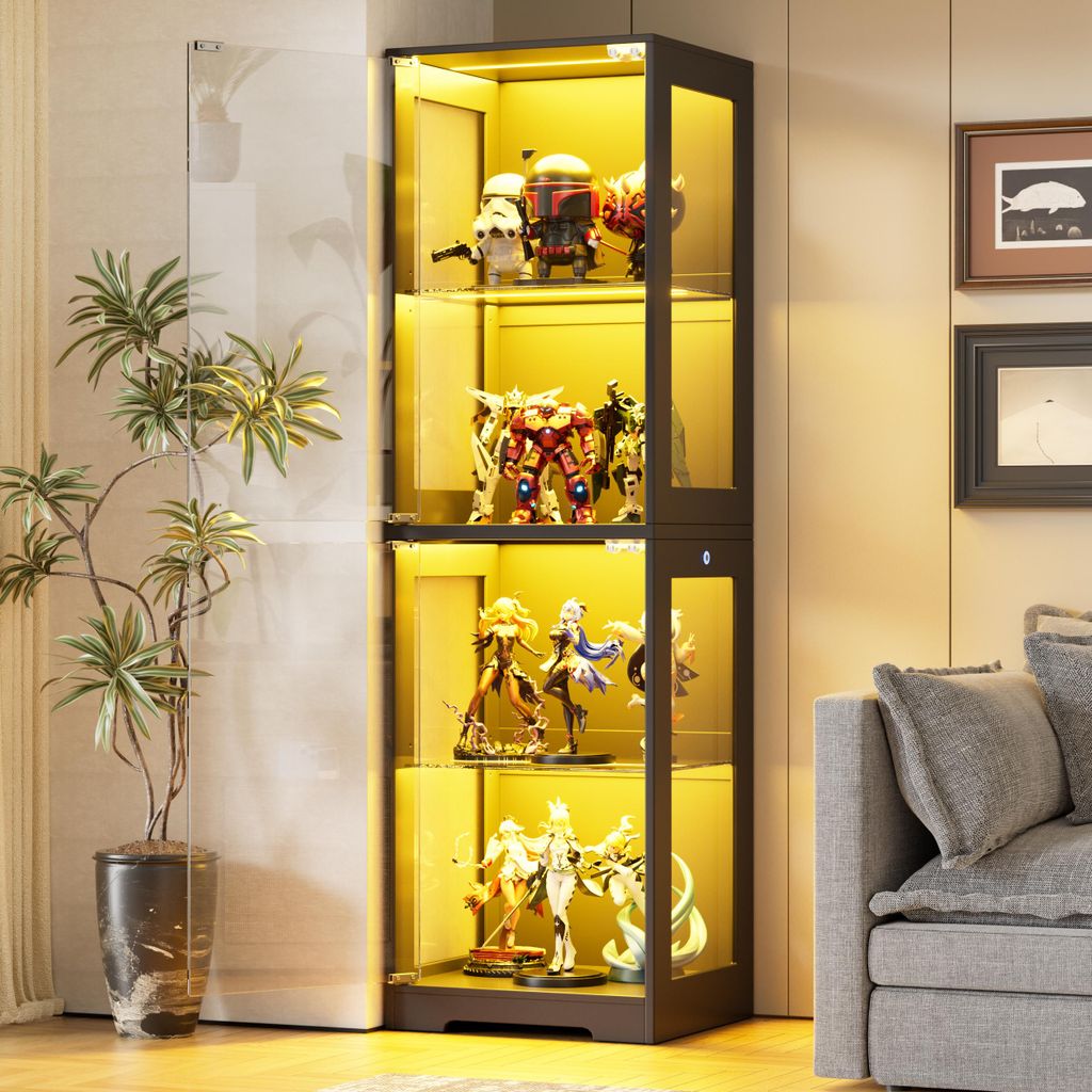 Glasvitrine stehend mit Glastür&höhenverstellbaren Regalen, 160*40cm, Kippschutz Helligkeitsregelung, Standvitrine für Wohnzimmer, Büro, Bücher