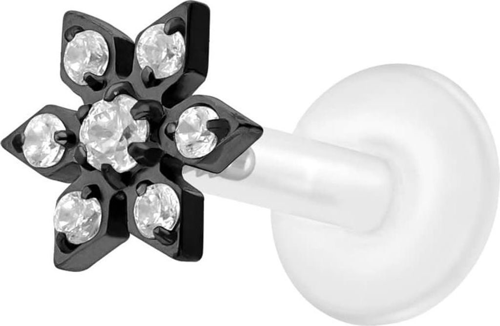 Ohrpiercing, Nasenpiercing PTFE Labret mit Innengewinde + Titan-Aufsatz KRISTALLBLUME Schwarz Stablänge: 7mm | Stabstärke: 1,2mm