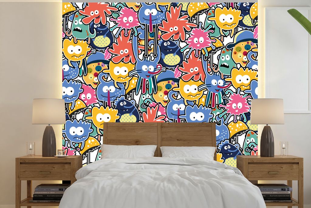 MuchoWow Fototapete für Wohnzimmer oder Schlafzimmer Wandtapete Vinyl Motivtapete Design - Lustig - Abstrakt - Rot - Blau - Kinder - 220x220 cm ...