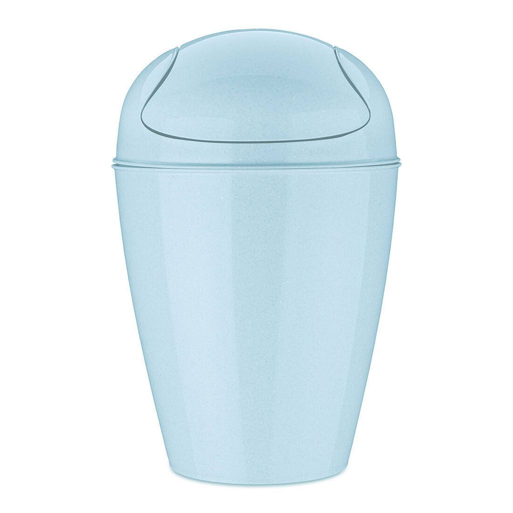 A light blue trash can with a swing lid, shown from the front against a white background.
