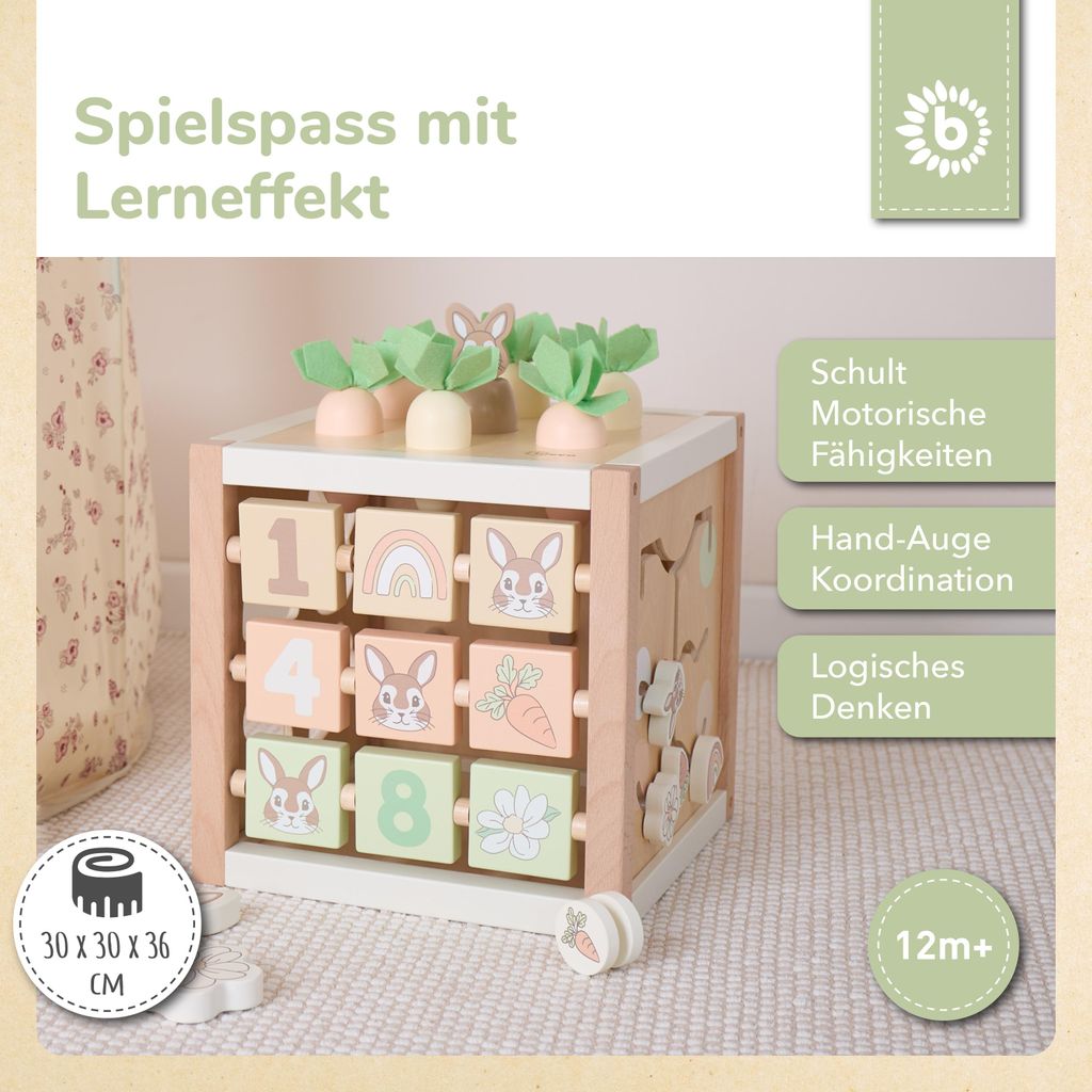 Bieco Motorikwürfel XXL aus Holz – Montessori Activity Cube ab 12 Monaten – Karotten-Steckspiel (Größen sortieren) & Kugelbahn – Zahlen/Mo...