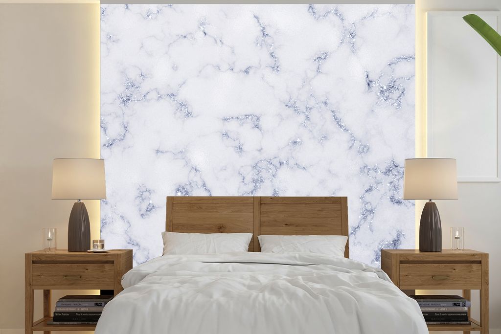 MuchoWow Fototapete für Wohnzimmer oder Schlafzimmer Wandtapete Vinyl Motivtapete Marmor - Weiß - Blau - 300x300 cm - Wanddekoration
