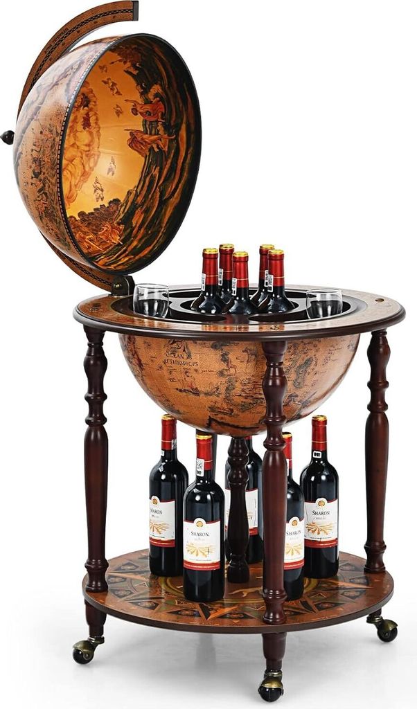 KOMFOTTEU Globus Bar Barwagen, Minibar mit Rollen, Weinregal mit Klassischem Design, Cocktailbar Barschrank Hausbar für Wein(Braun, 60,5X 60,5x95,...