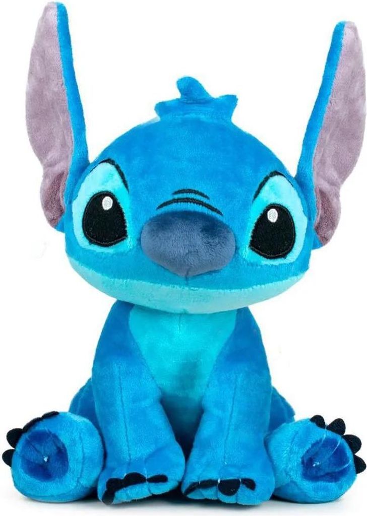 A plush toy of the Disney character Stitch is sitting and facing the camera.