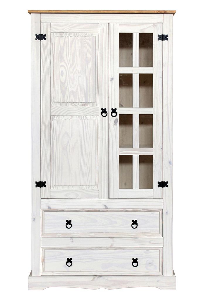 SIT Möbel Vitrine | 2 Türen, 2 Schubladen | Kiefer-Holz massiv | Weiß | B 100 x T 41 x H 190 cm | 19001-12 | Serie VITRINE