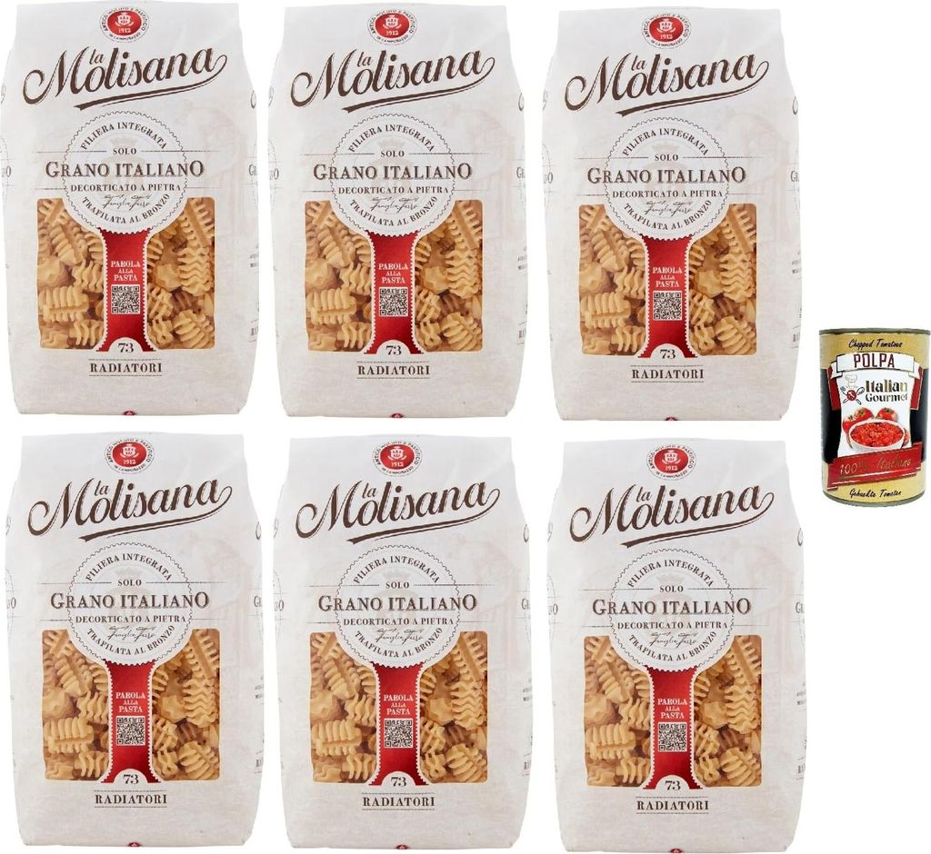 La Molisana Radiatori N°73, Pasta Lenta Lavorazione Teigwaren aus Hartweizengrieß Bronze-Zeichnung 6x 500g + Italian Gourmet polpa 400g