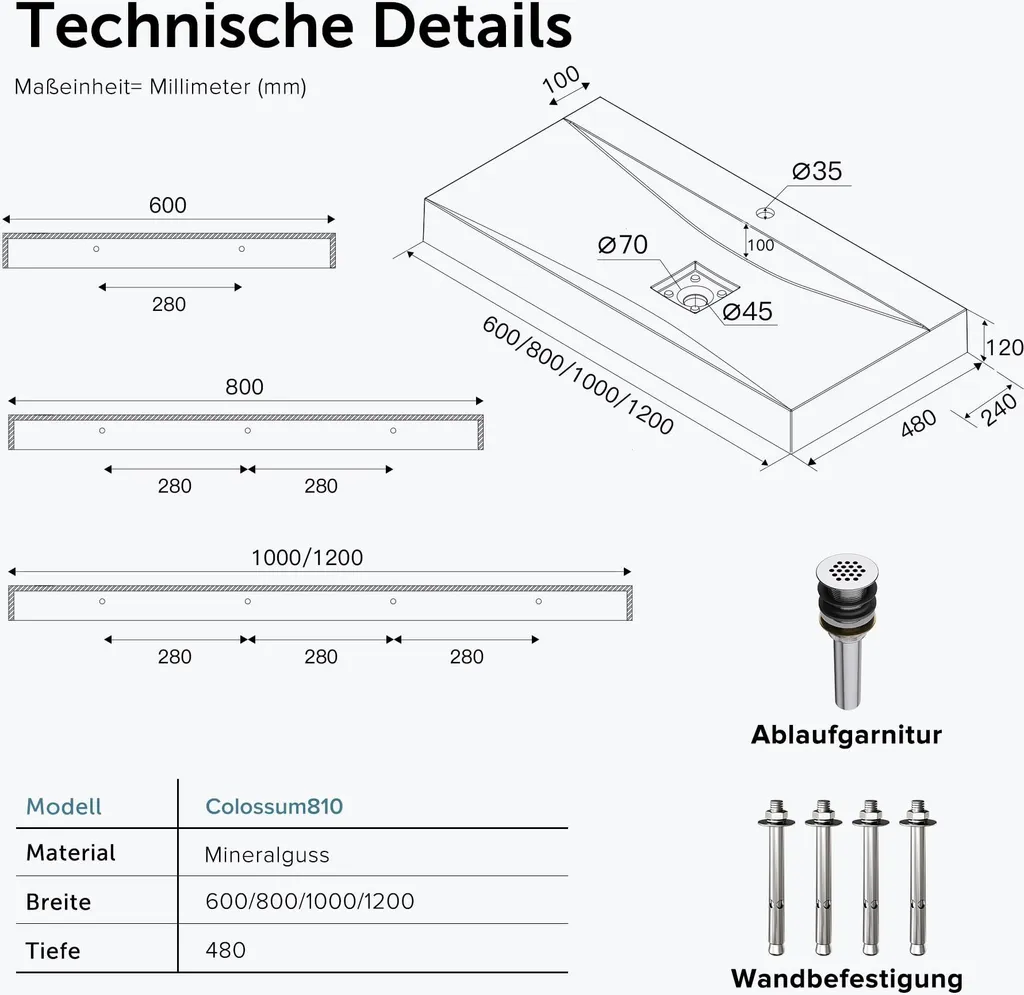 doporro Lavabo da Appoggio o Sospeso Rettangolare 80 cm in Marmoresina Bianco Lucido, Lavandino Bagno con Foro per Rubinetto, Montaggio a Parete - Colossum810 - 7