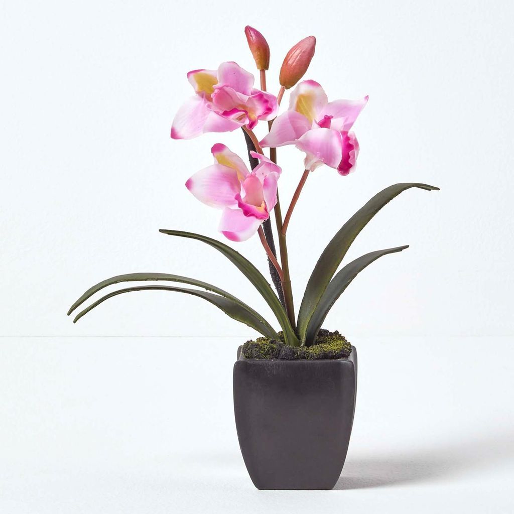 HOMESCAPES Kunstblumen Cymbidium Orchidee rosa in einem schwarzen Topf, 38 cm hoch