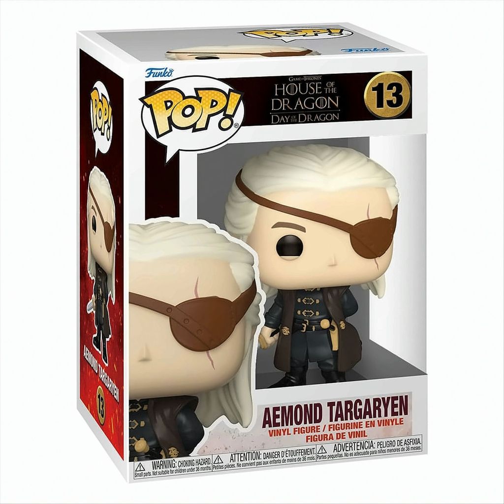 A Funko Pop! vinyl figure of Aemond Targaryen from House of the Dragon, displayed in its original packaging.