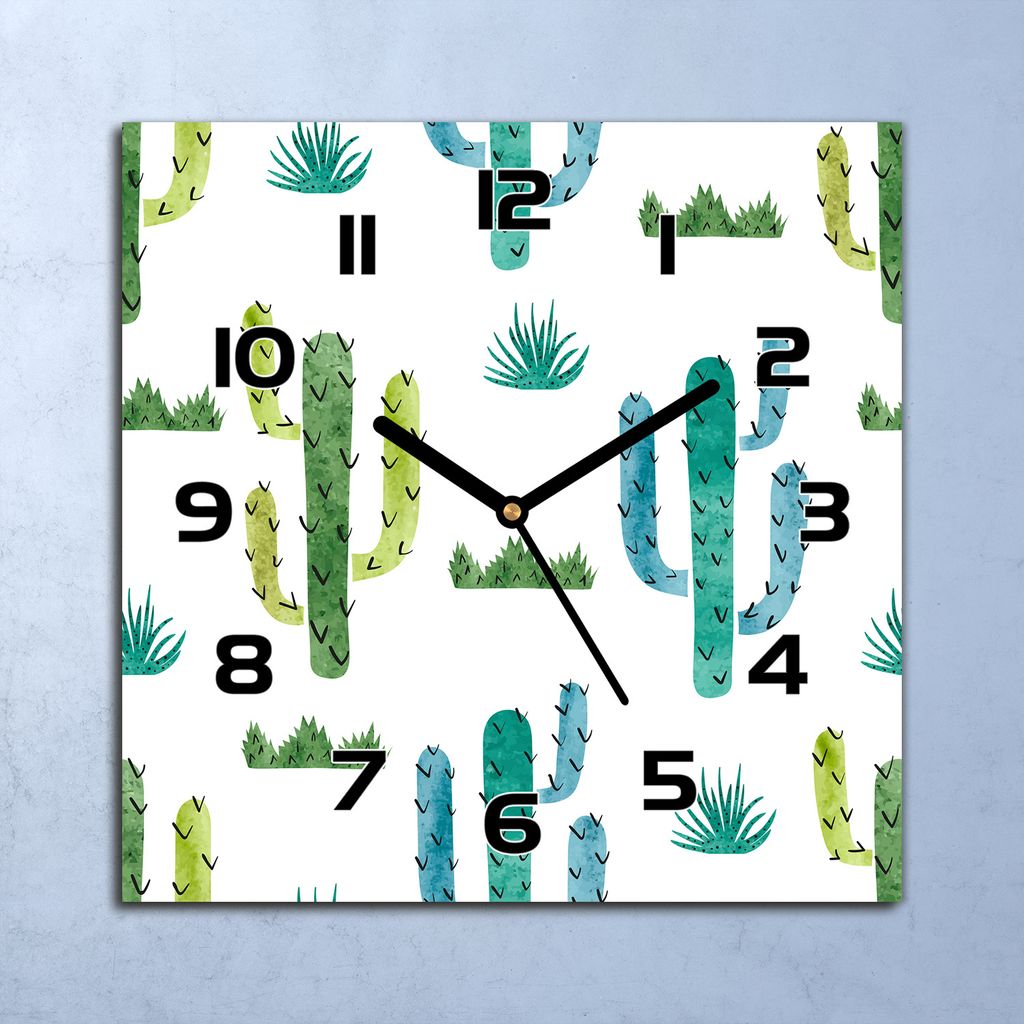 Wanduhr Echt-Glas-Küchenuhr Aquarell Kakteen Quarz Lautlos 30x30 Deko Bilder