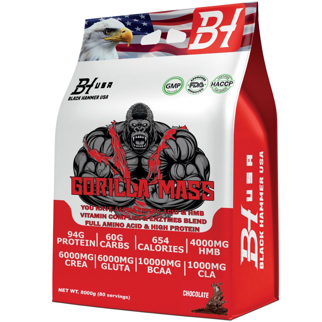 GORILLA Mass Gainer 8kg Schokolade – Gainer mit Creatin & BCAA für Muskelaufbau & Kraft | Black Hammer USA