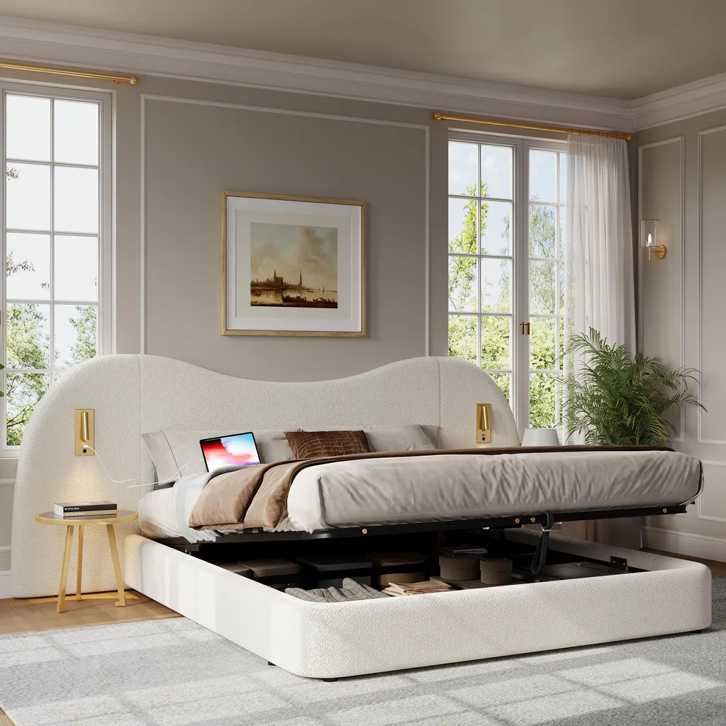Lit Adulte 180x200 cm avec Sommier Relevable et Coffre de Rangement Blanc