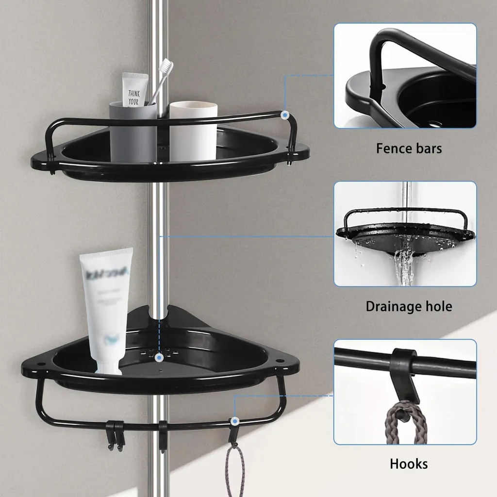 Étagère de douche d'angle télescopique noire en plastique PP robuste