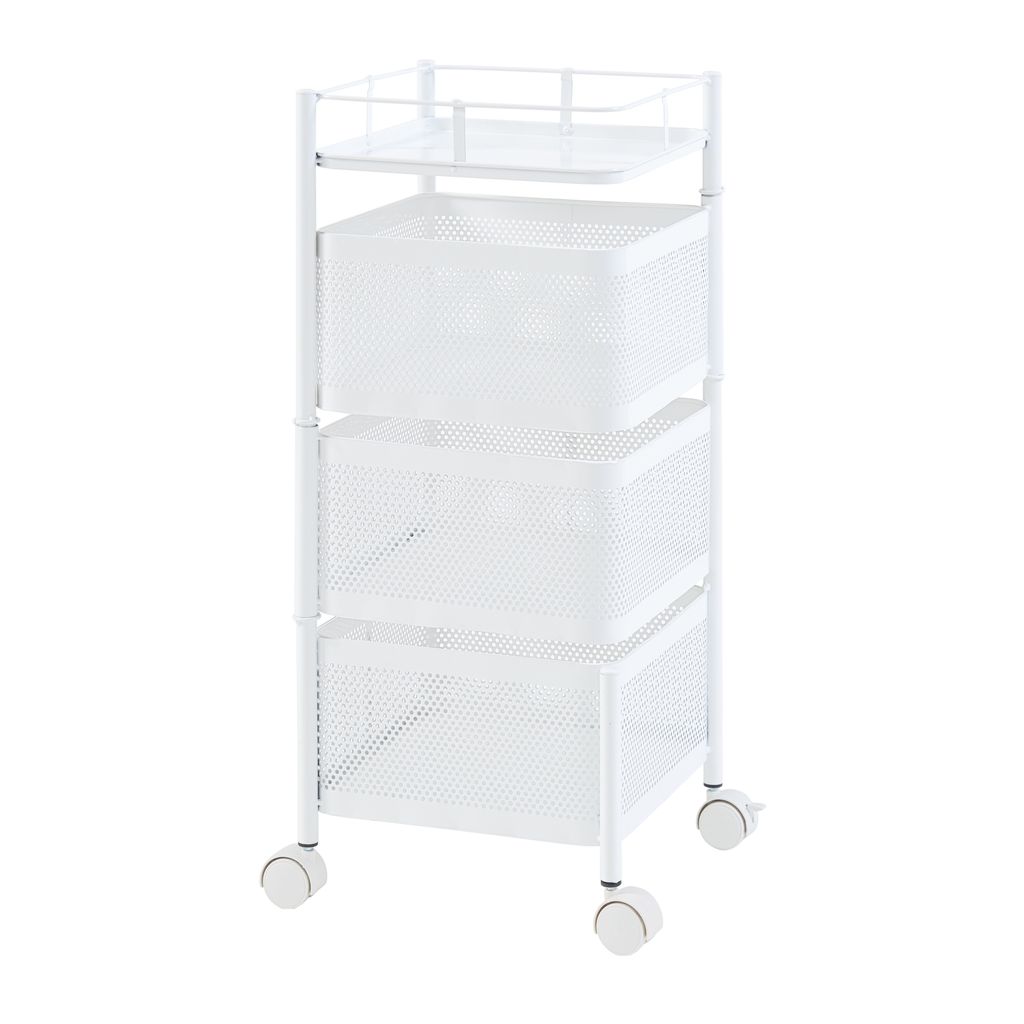 A white rolling cart with three mesh baskets and a top shelf, shown against a white background.