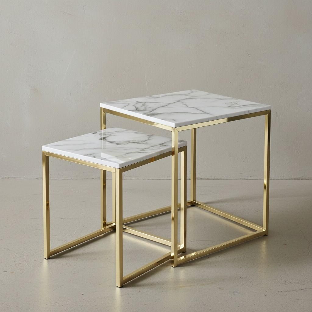 Design Beistelltisch 2er Set Weiß Marmor Optik Eckig, Couchtisch 2-teilig Tischgestell Metall Gold, Kleine Wohnzimmertische, Moderne Satztische Qu...