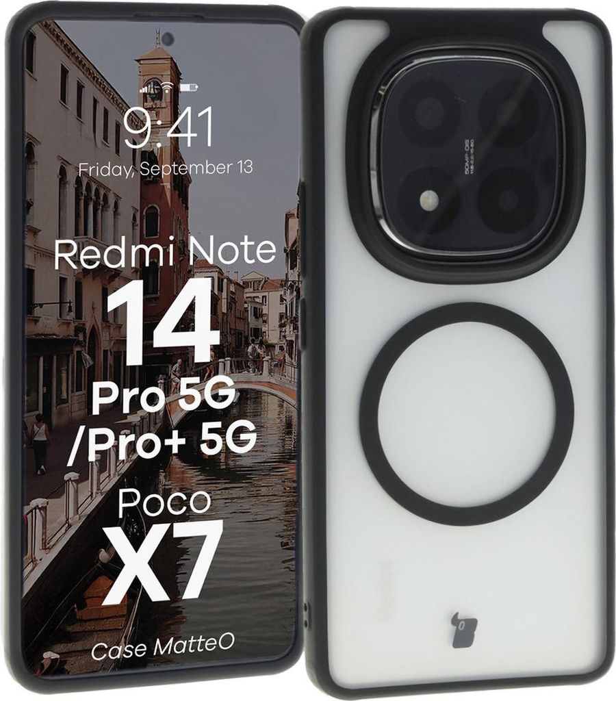Bizon Case MatteO Magnetische Ringhülle für Xiaomi Redmi Note 14 Pro 5G / 14 Pro Plus 5G / Poco X7, Durchscheinend mit schwarzem Rahmen